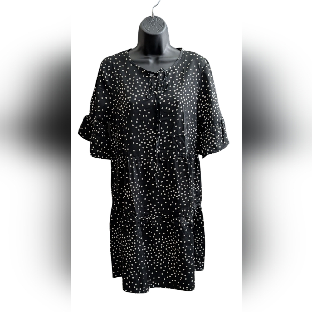 🆕 Women's Black With White Polkadot Print Tunic Dress With Flutter Sleeves
